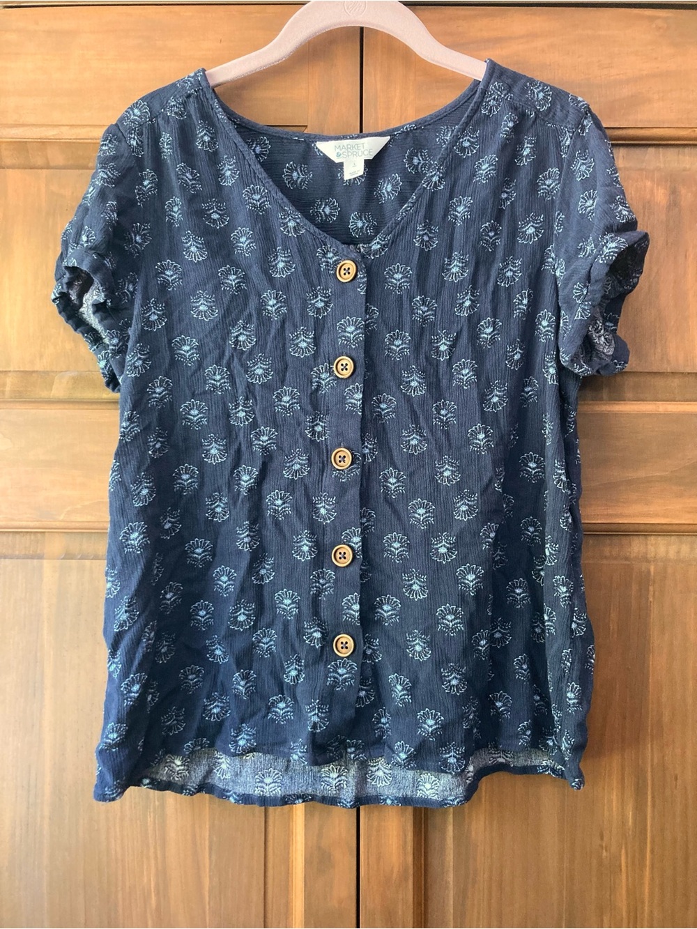Market & Spruce Navy Blue & Floral Print SS Button-up Shirt Large